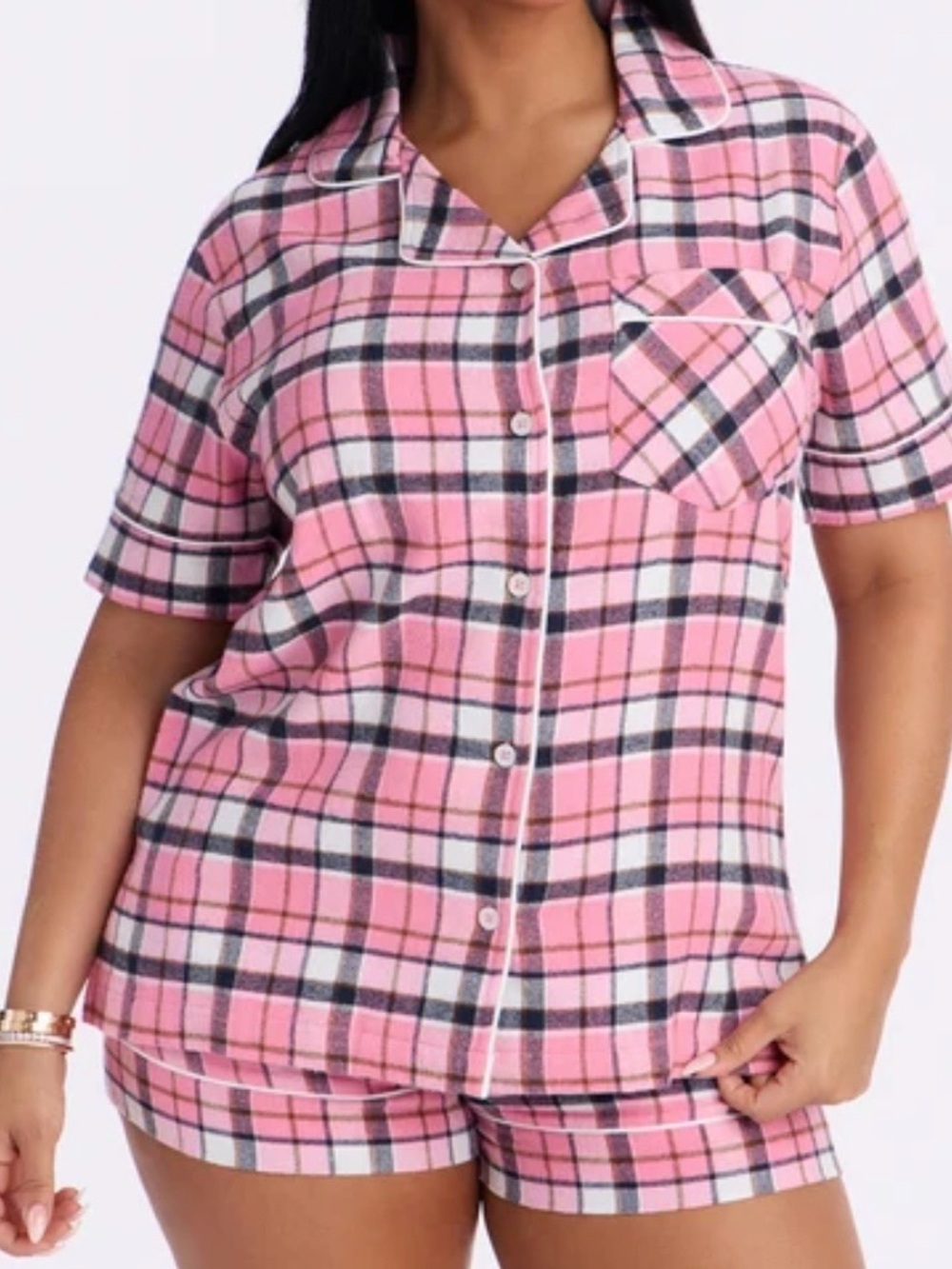 Fashion Nova Pink Plaid Short Sleeve Pajama Set with Notch Collar